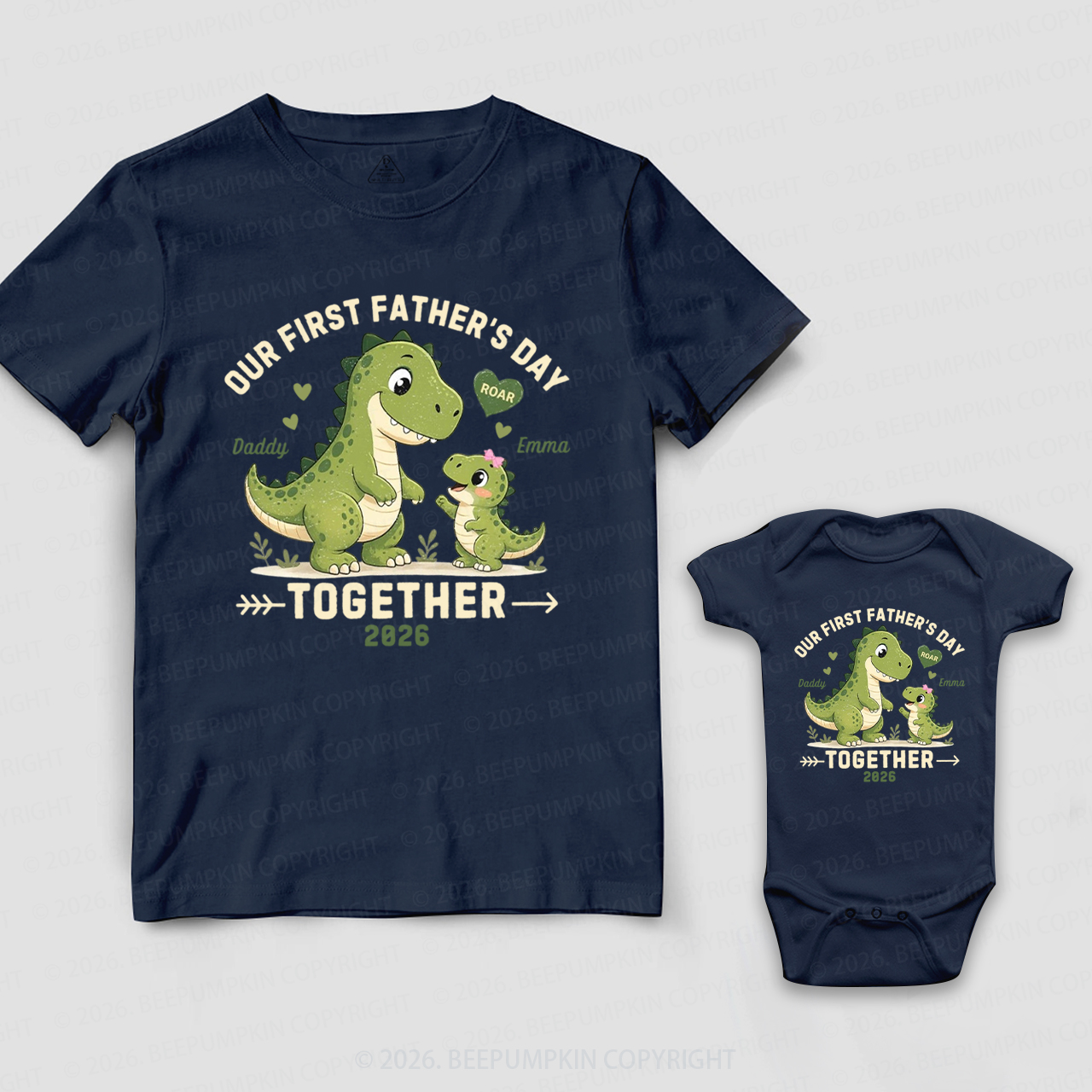 Personalized Green Dinosaur First Father's Day Dad&Me Matching Shirts