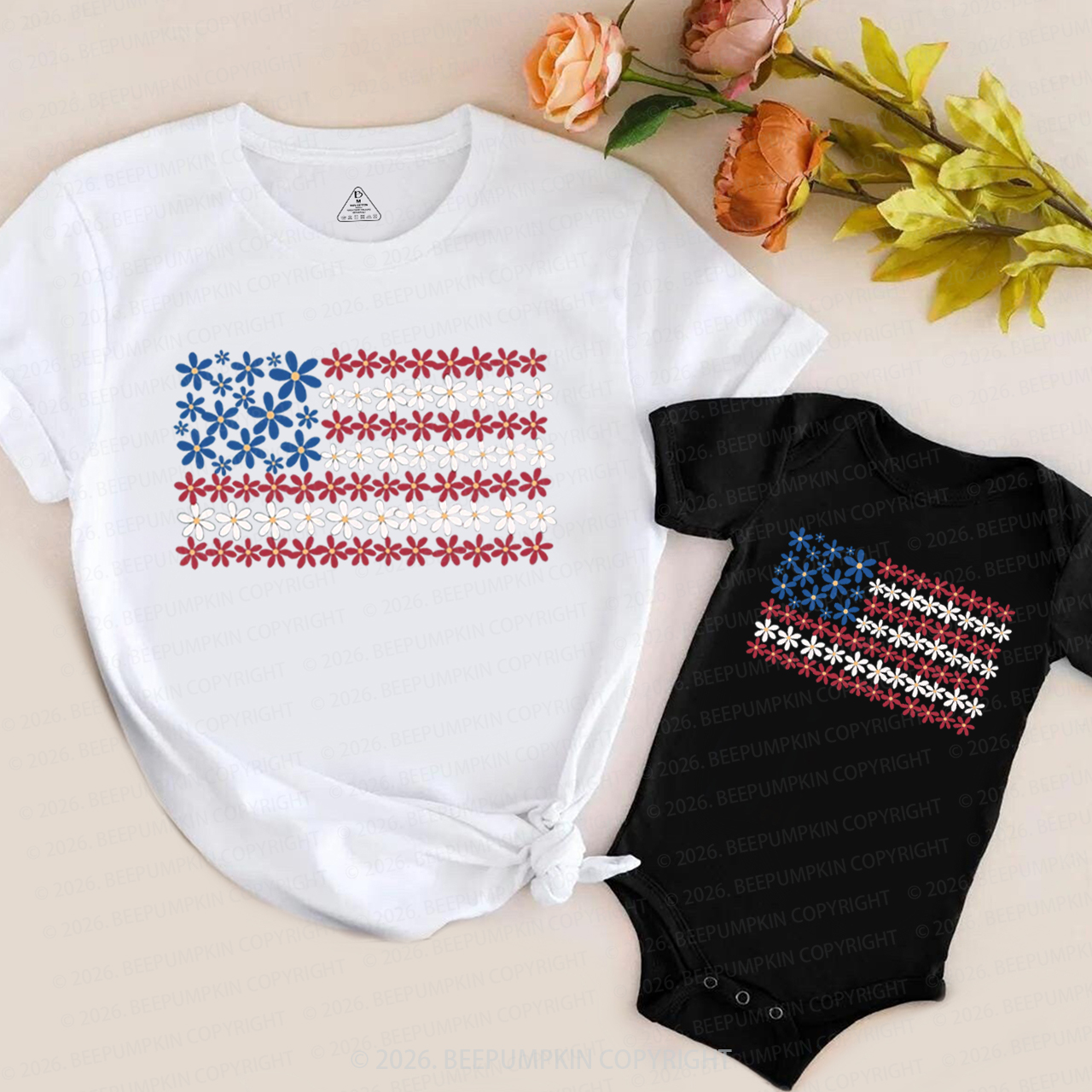 Floral American Flag 4th of July Mom&Me Matching T-Shirts