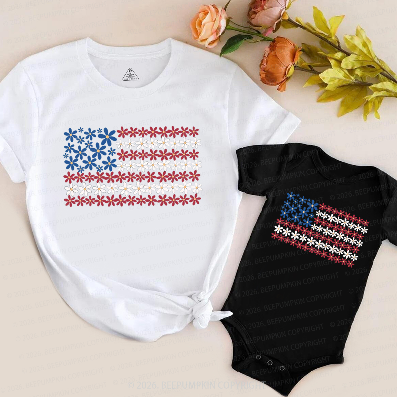 Floral American Flag 4th of July Mom&Me Matching T-Shirts
