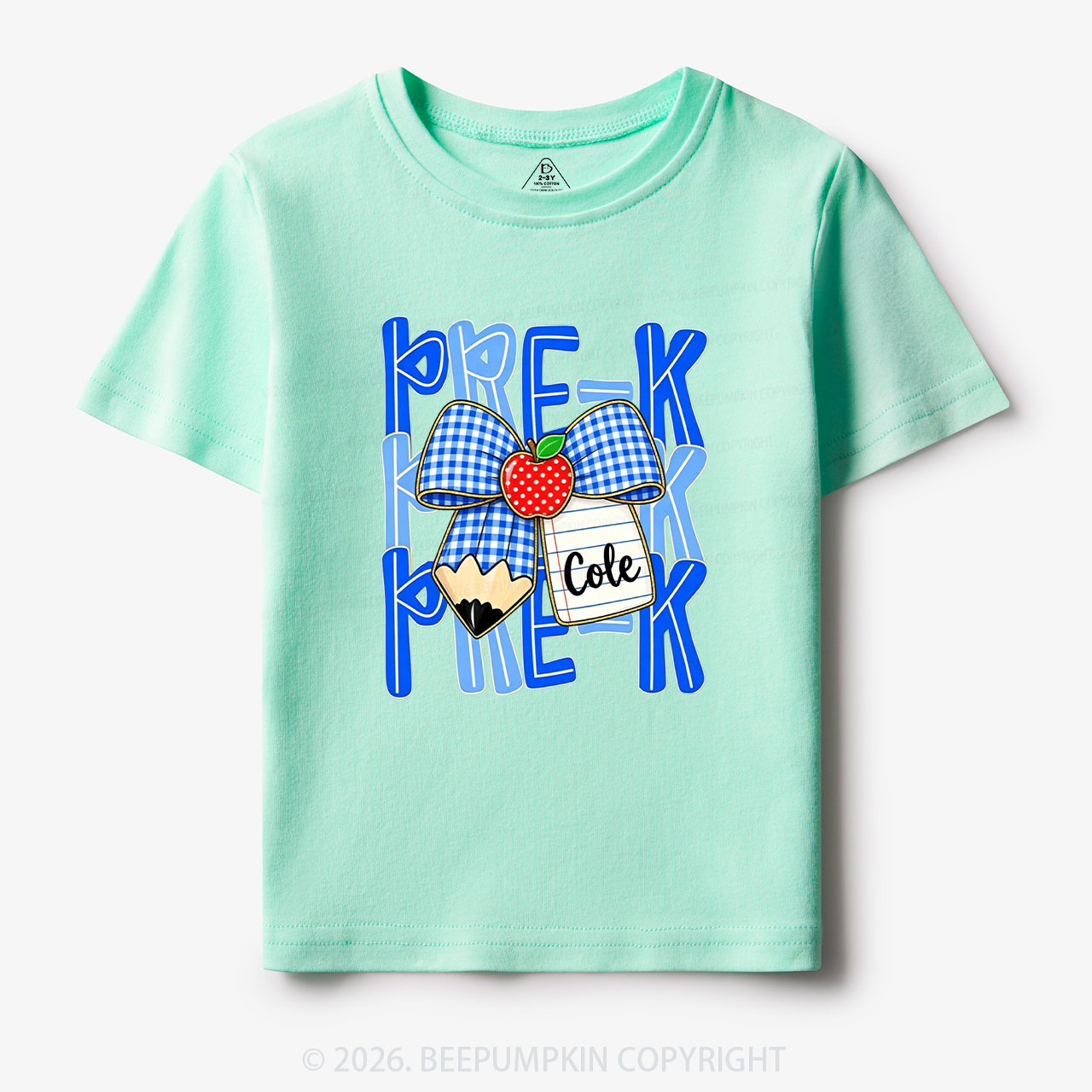 Personalized Blue Gingham Pencil Bow Toddler&Kid's Tees