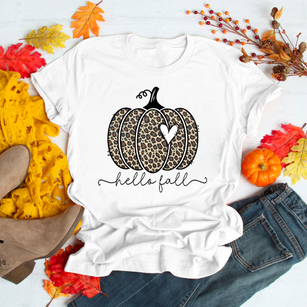  Hello Fall Leopard Print Pumpkin Shirt For Her