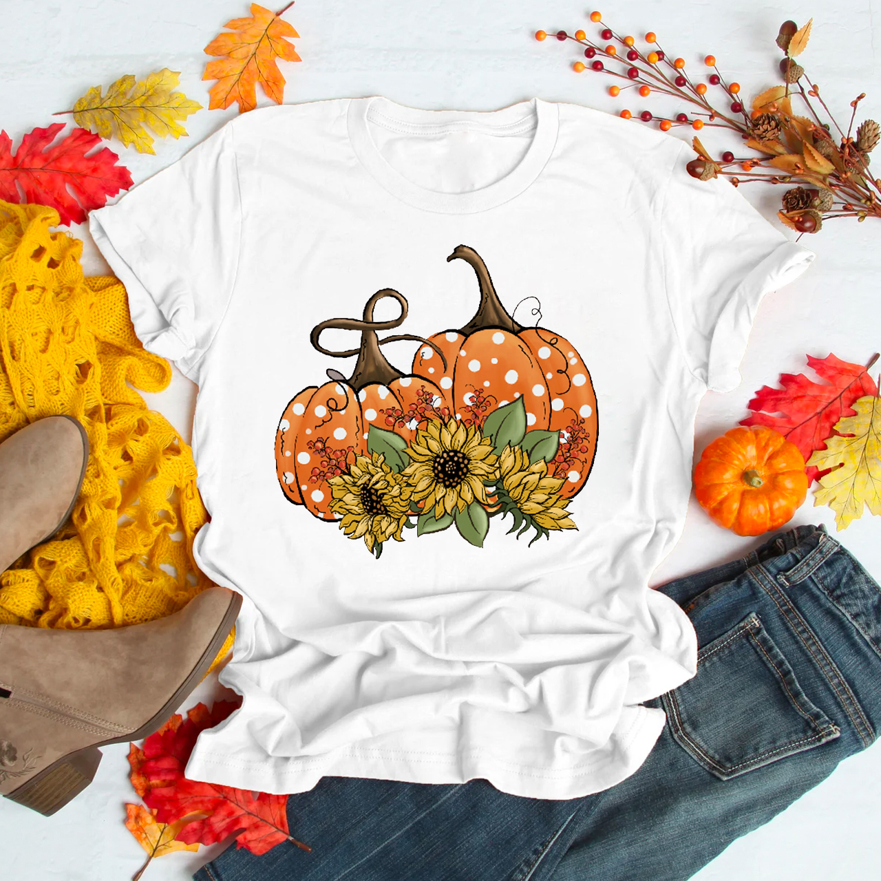Polka Dot Pumpkins And Sunflowers Shirt For Her