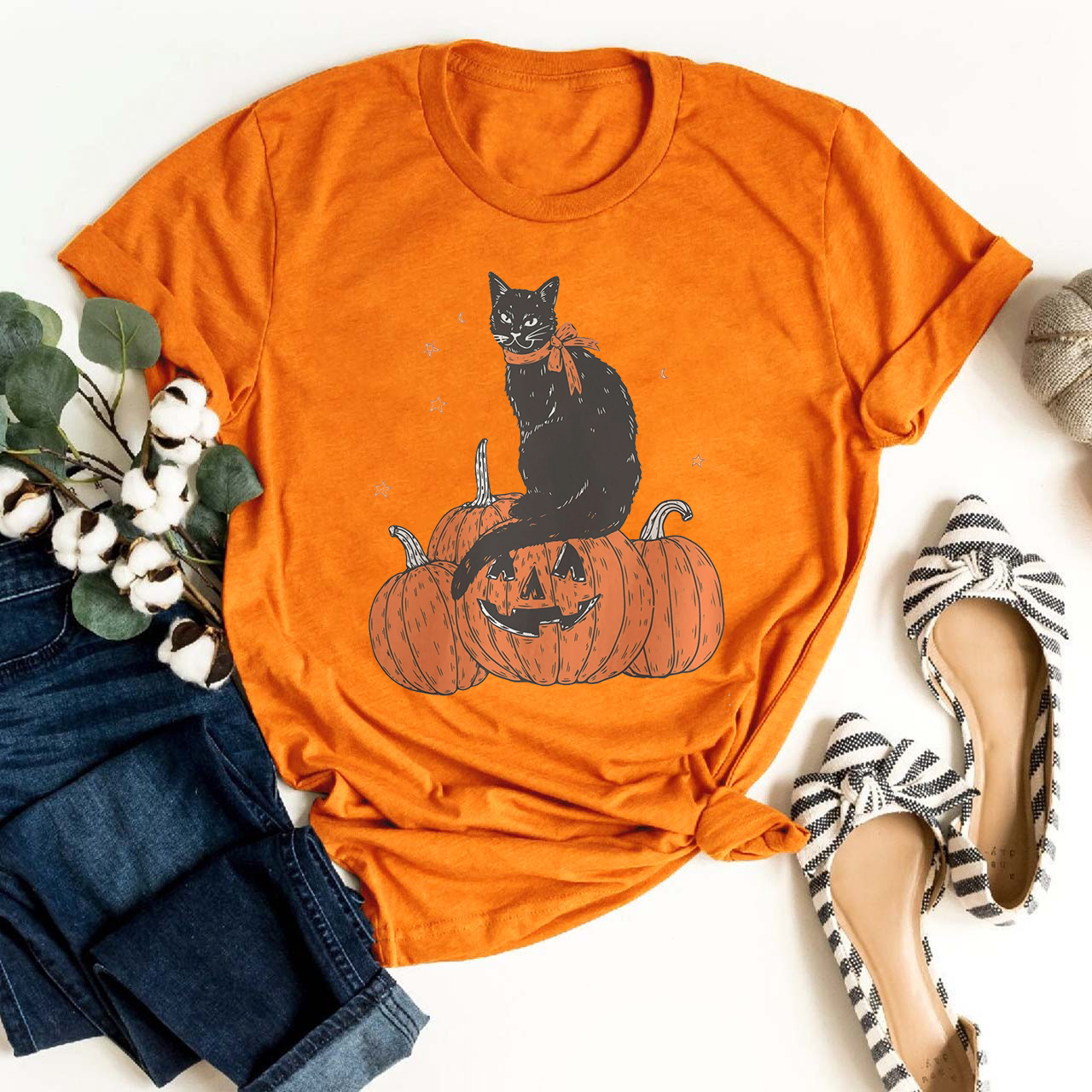 Black Cat on Pumpkin Shirt For Her