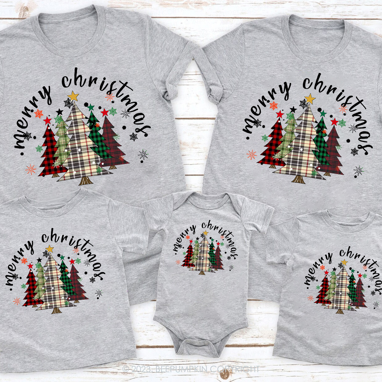 Merry Merry Christmas Plaid Tree Family Matching Tees Beepumpkin