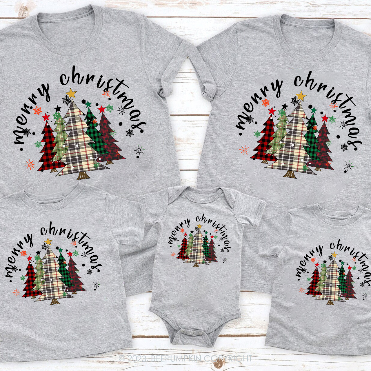Merry Merry Christmas Plaid Tree Family Matching Tees Beepumpkin