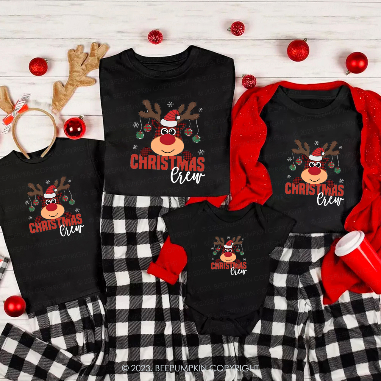 Cute Plaid Elk Christmas Crew Family Matching T-Shirts Beepumpkin