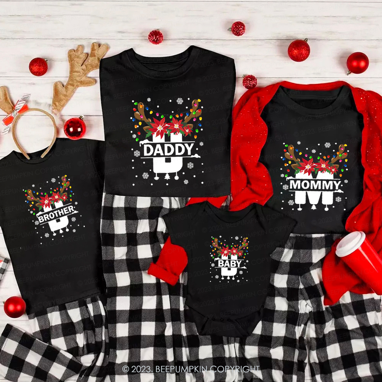 Monogrammed Full of Christmas lights Antler Matching Family T-shirts Beepumpkin