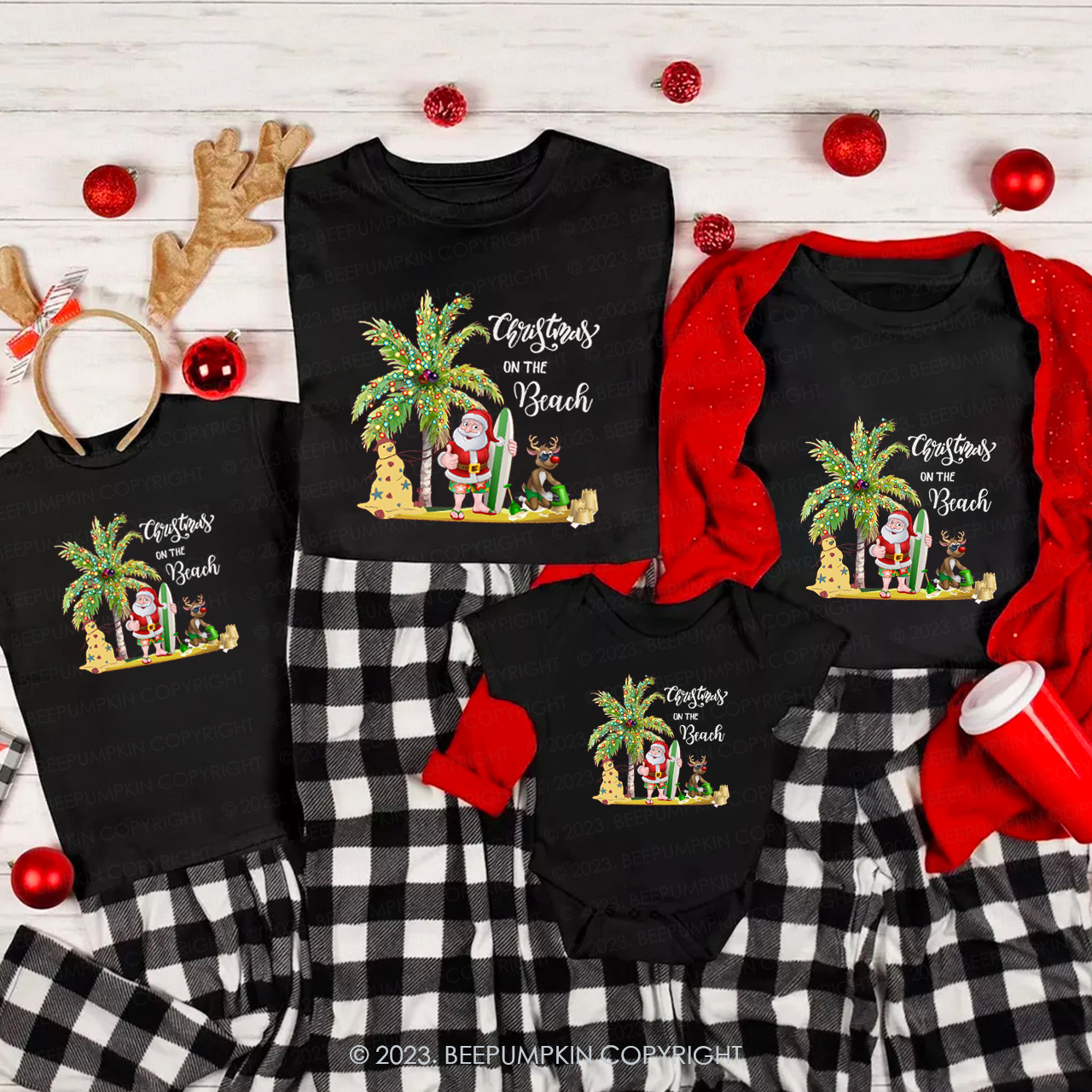 Santa With Elk Christmas On The Beach Matching Shirt