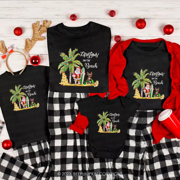 Santa With Elk Christmas On The Beach Matching Shirt