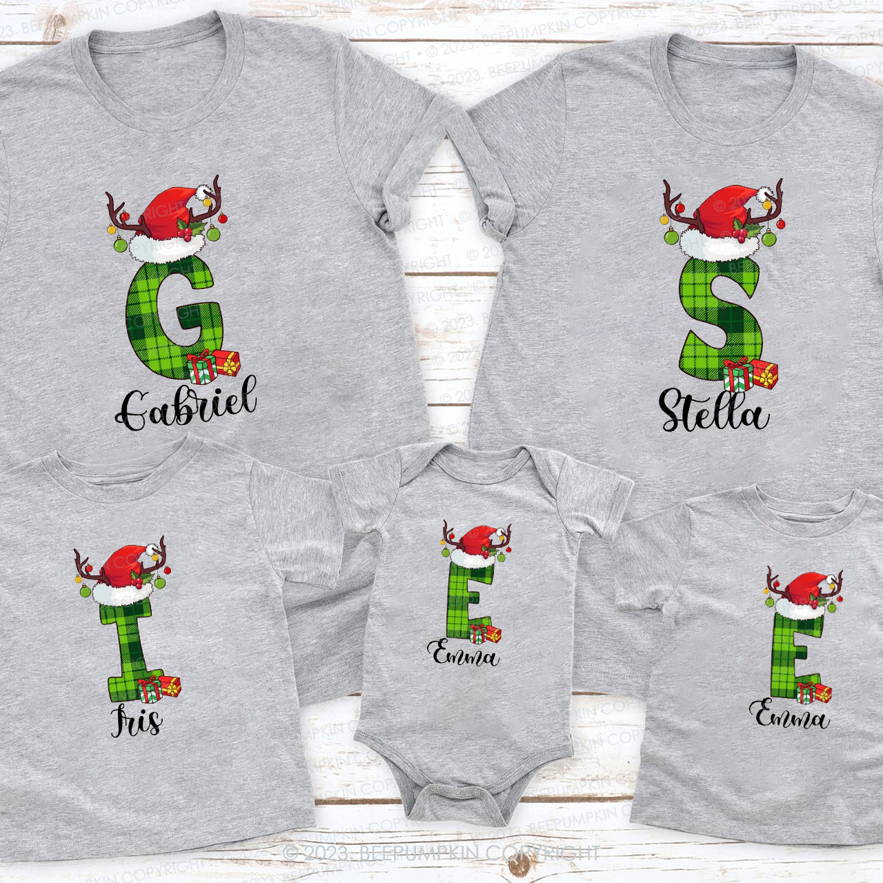 Mysterious Green Monogrammed Family Christmas Matching Shirts