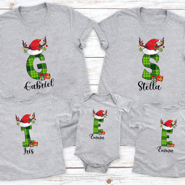Mysterious Green Monogrammed Family Christmas Matching Shirts