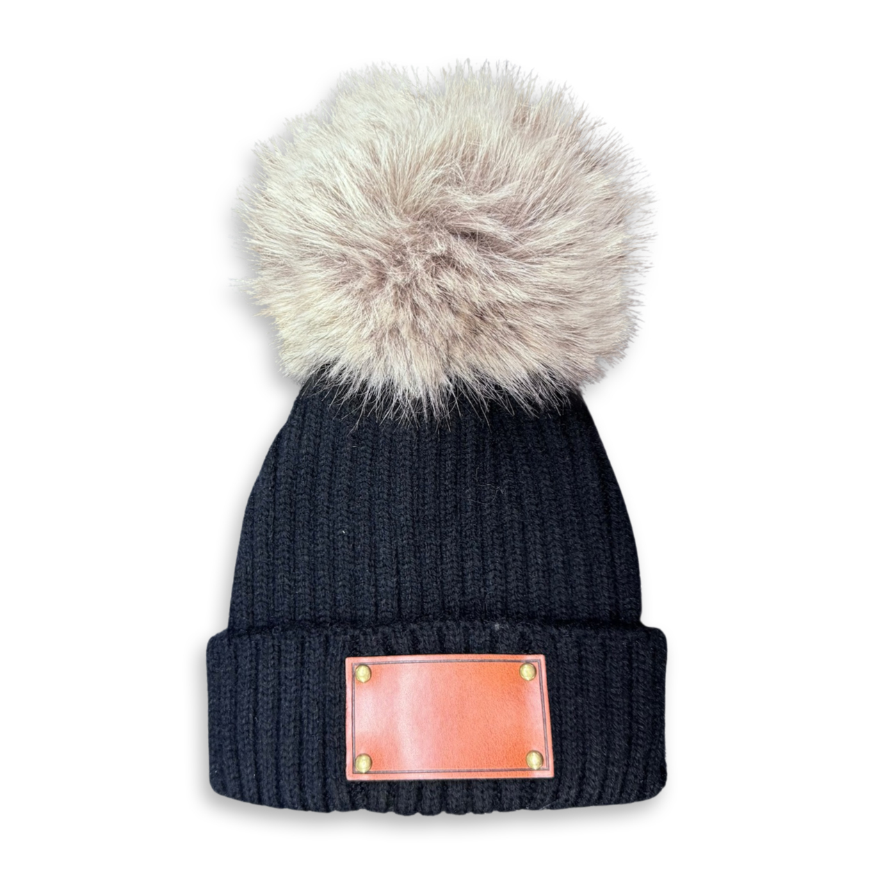 5 Colors Personalized Knitted PomPom Hat(Vegan Leather Patch)