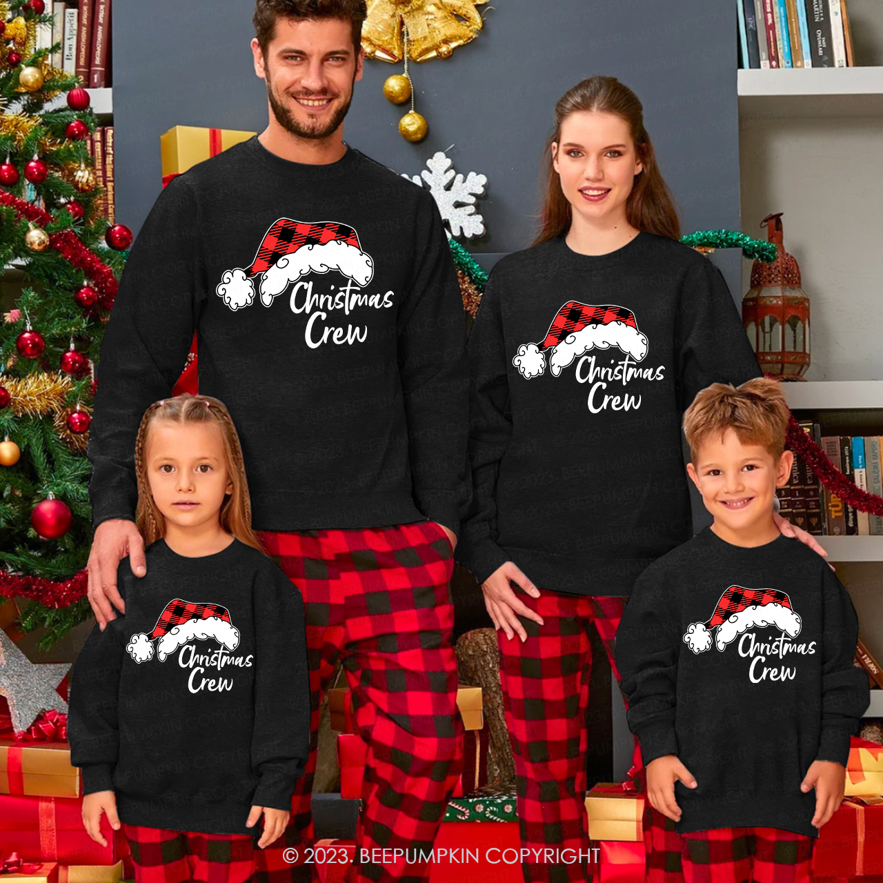 Christmas Crew Red Plaid Santa Hat Family Sweatshirts
