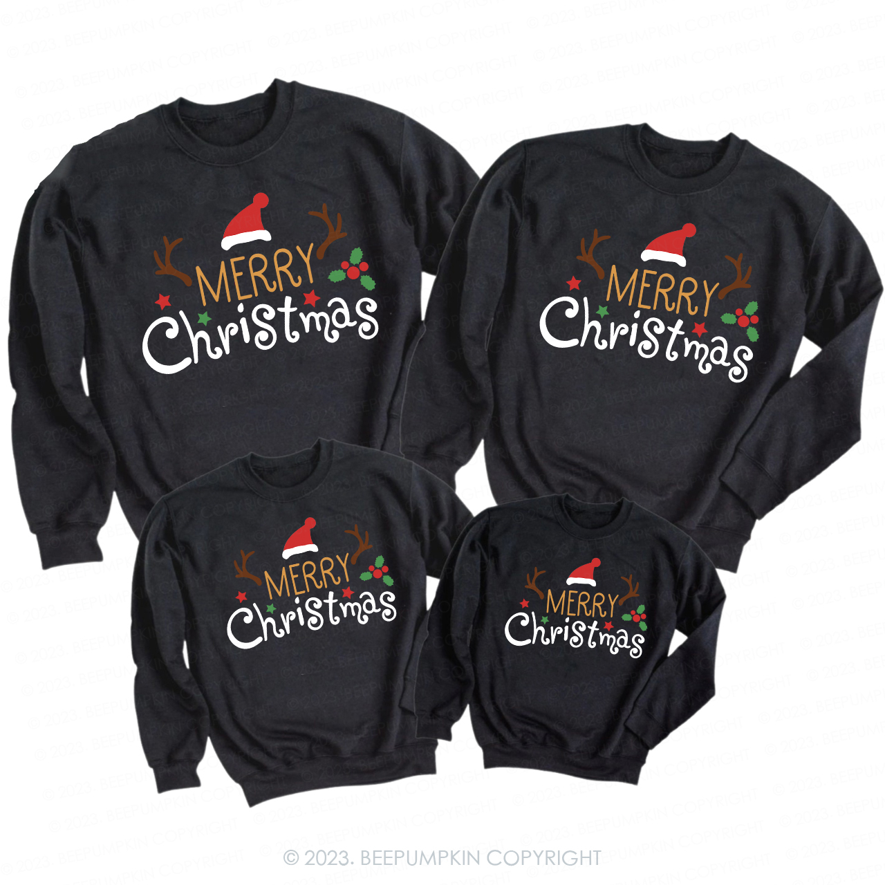 Merry Christmas Santa Hat Reindeer Holiday Sweatshirts