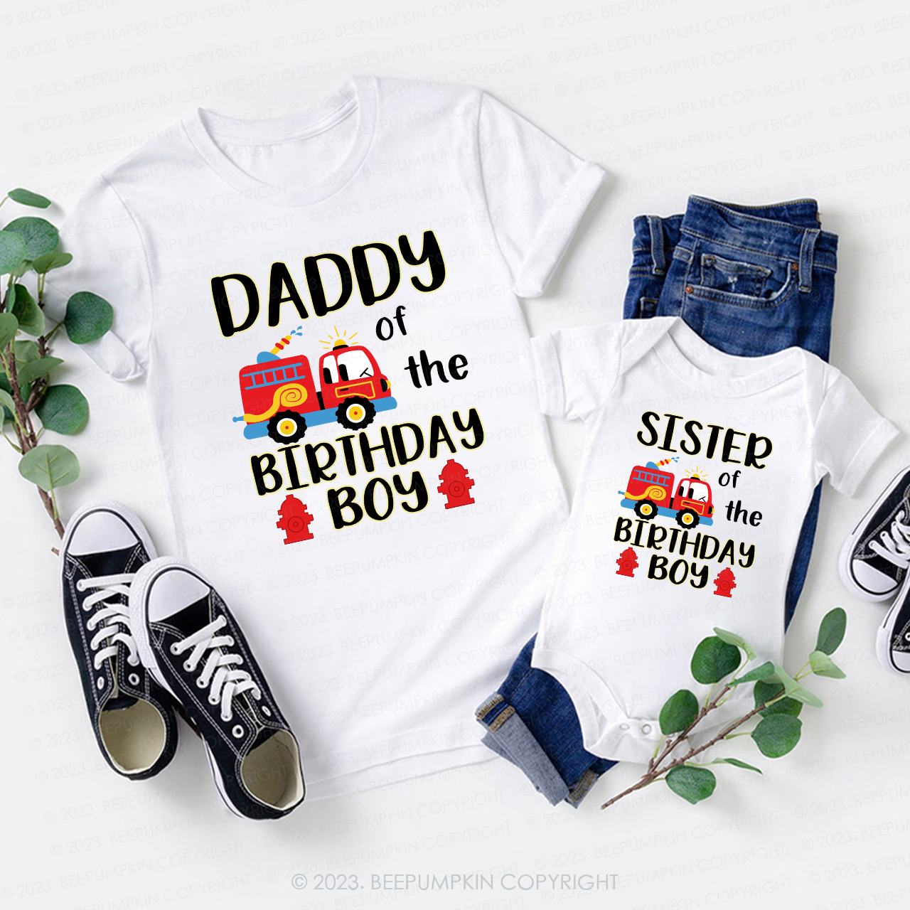 Fire Truck Birthday Family Matching Gift Shirts 