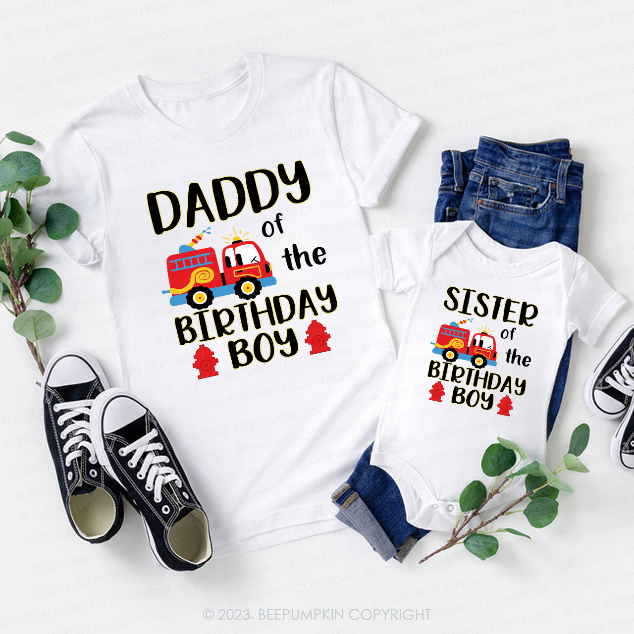 Fire Truck Birthday Family Matching Gift Shirts 