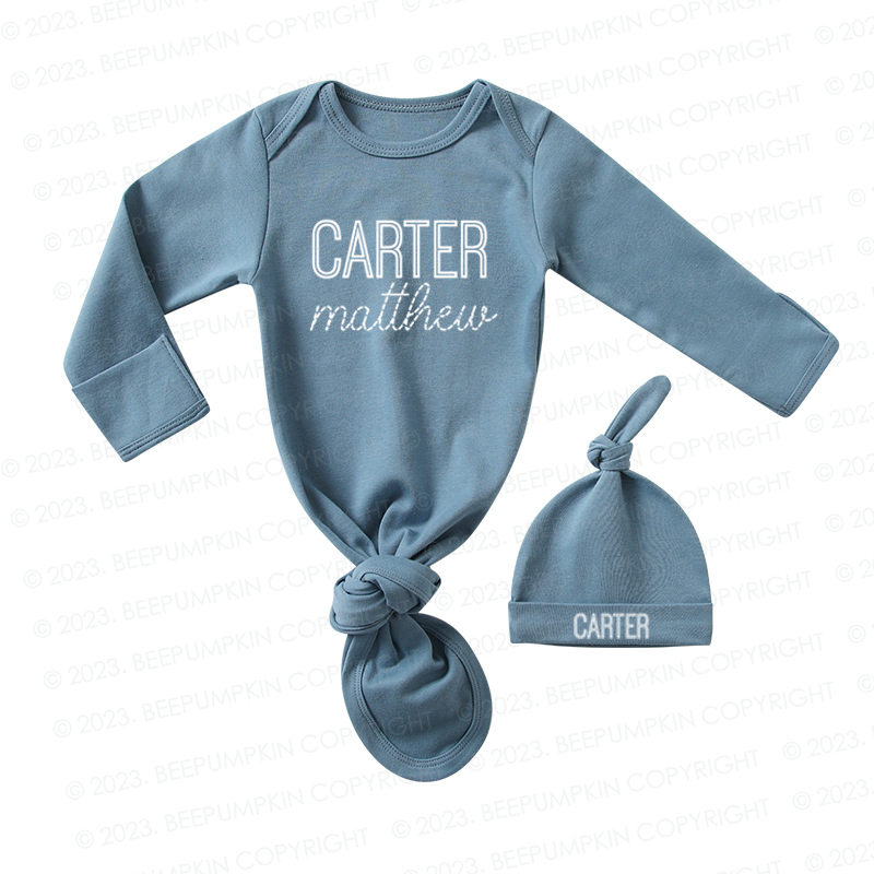 Personalized Gender Neutral Baby Knotted Gown&Hat Coming Home Outfit