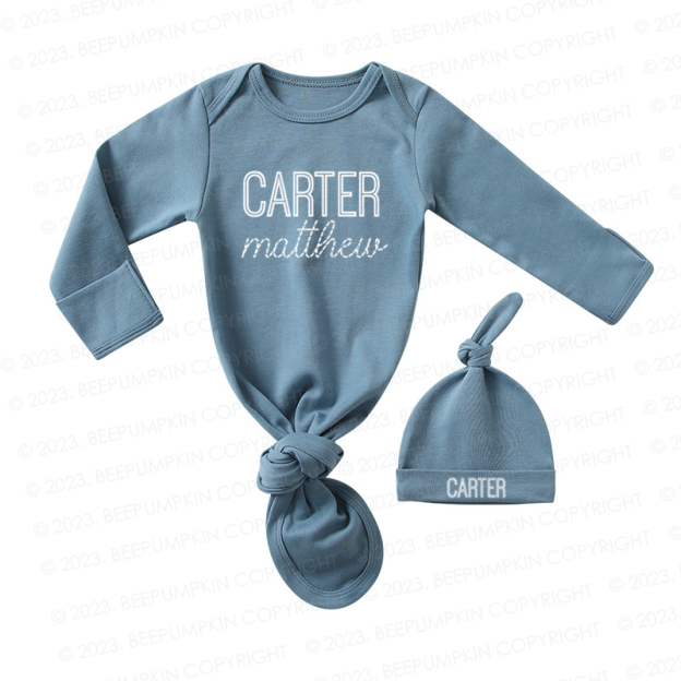 Personalized Gender Neutral Baby Knotted Gown&Hat Coming Home Outfit