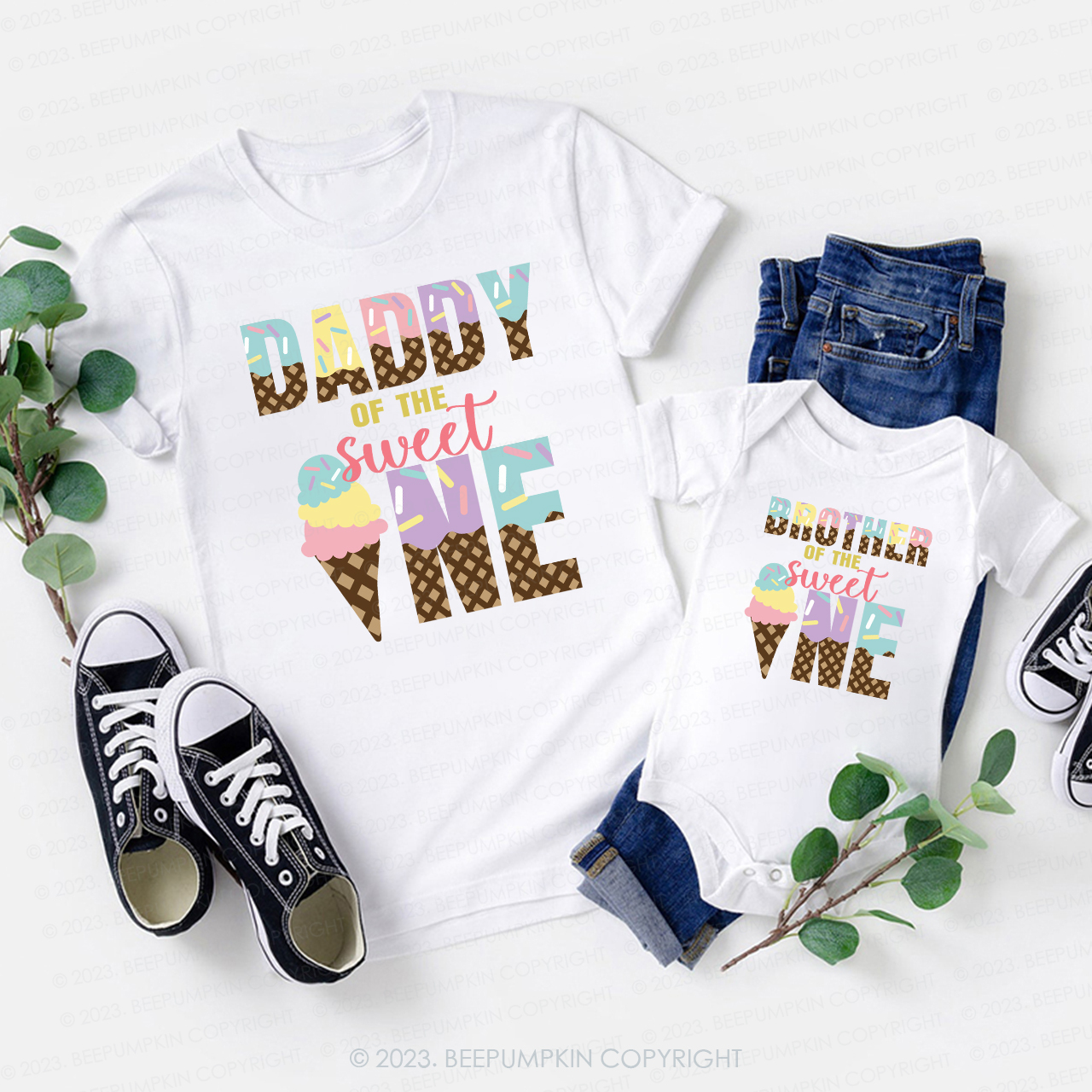 Sweet One Ice Cream Pastel Rainbow Family Matching T-Shirts