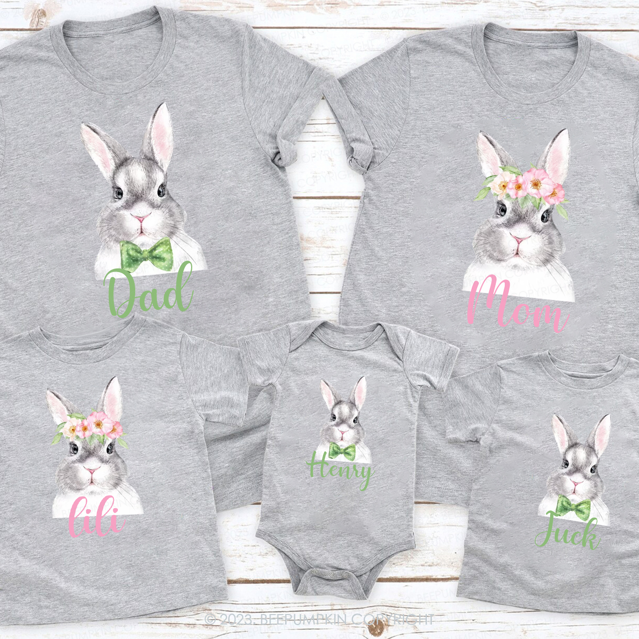 Personalized Easter Wreath Tie Bunny Photo Matching Shirts