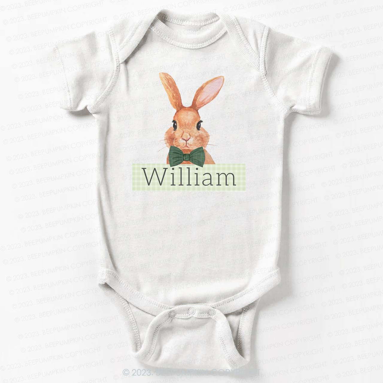 Easter Bunny Green Gingham Name Bodysuit For Baby