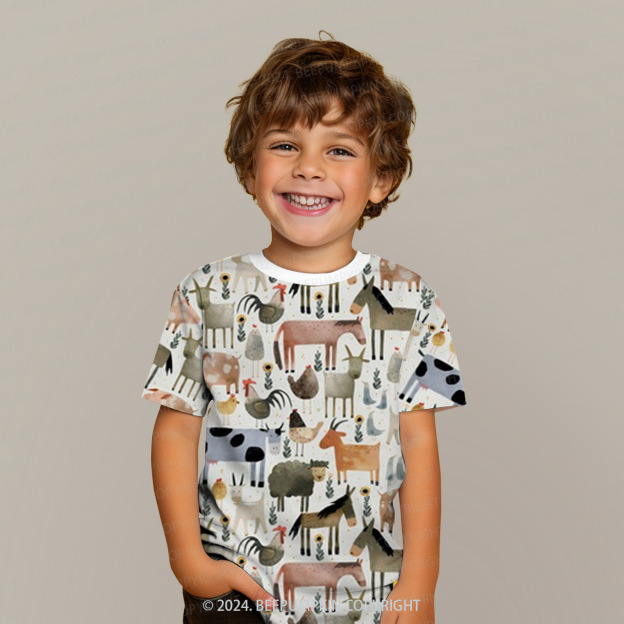 Cow Goat Pig Farm Animals All Over Print Kids Tees