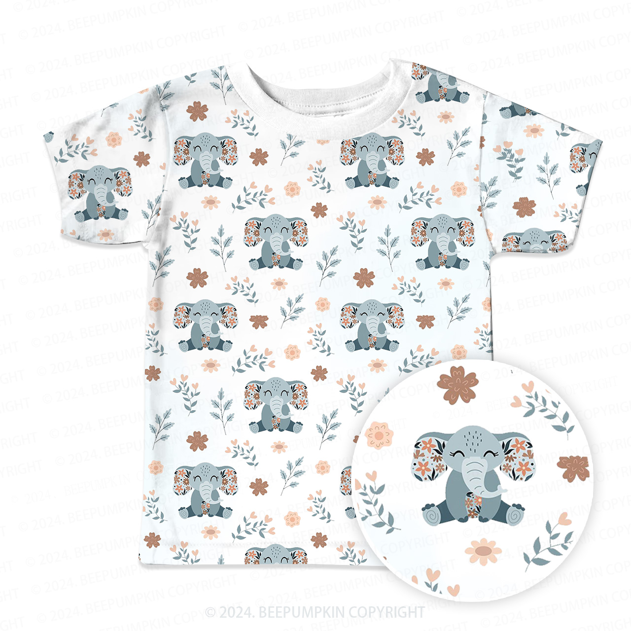 Elephant With Flowers All Over Print Kids Tees