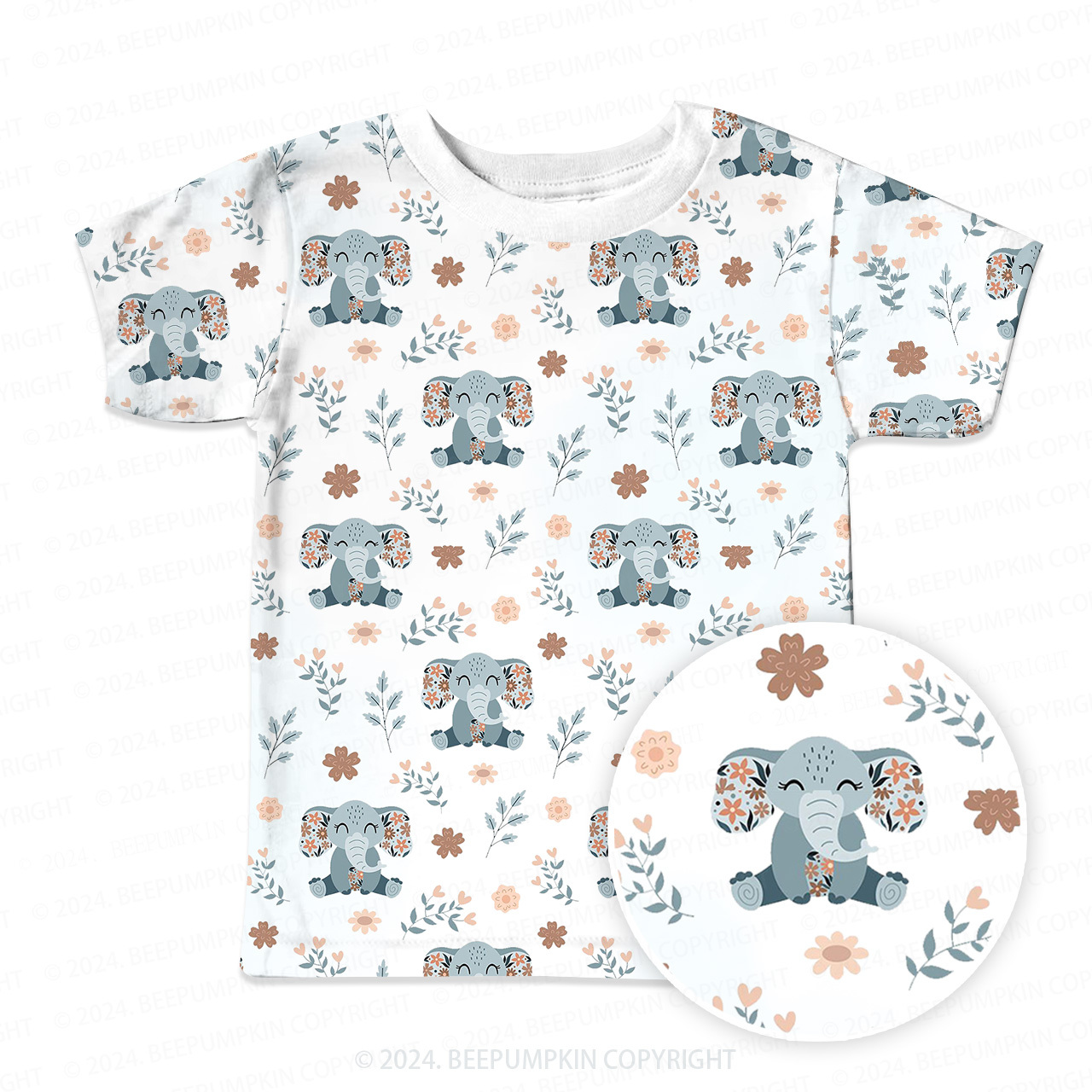 Elephant With Flowers All Over Print Kids Tees