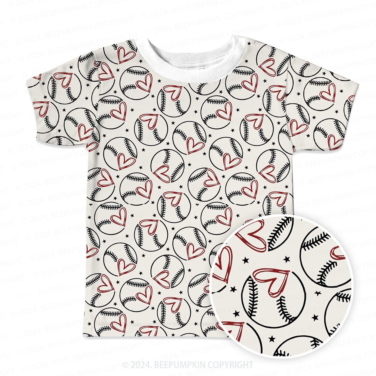 Baseball With Heart All Over Print Kids Tees