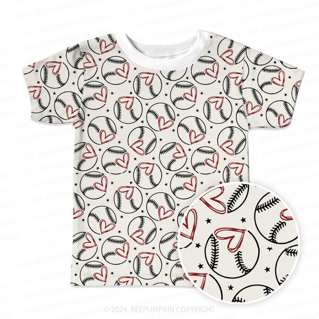 Baseball With Heart All Over Print Kids Tees