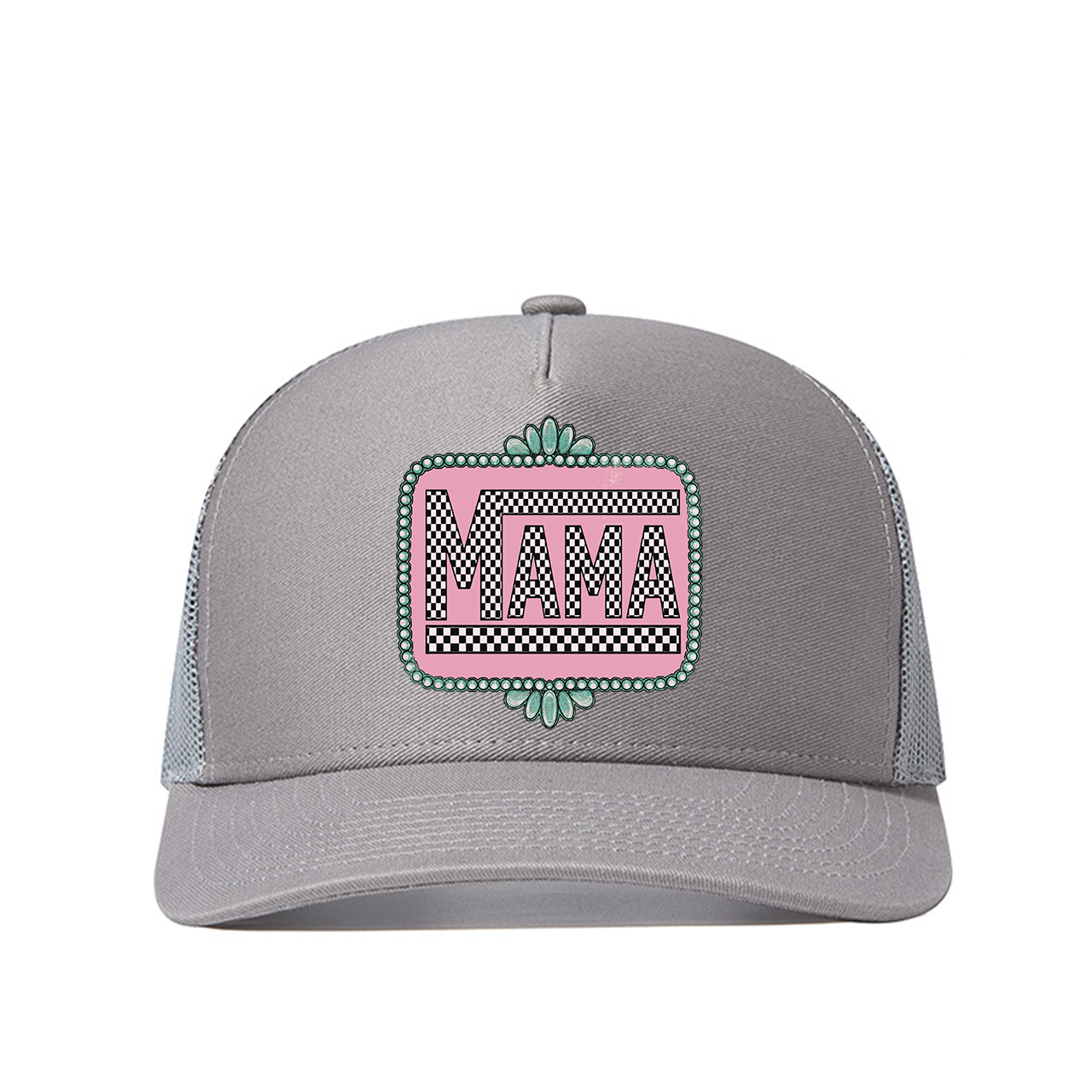 Pink Checkered Print Mama Trucker Hat