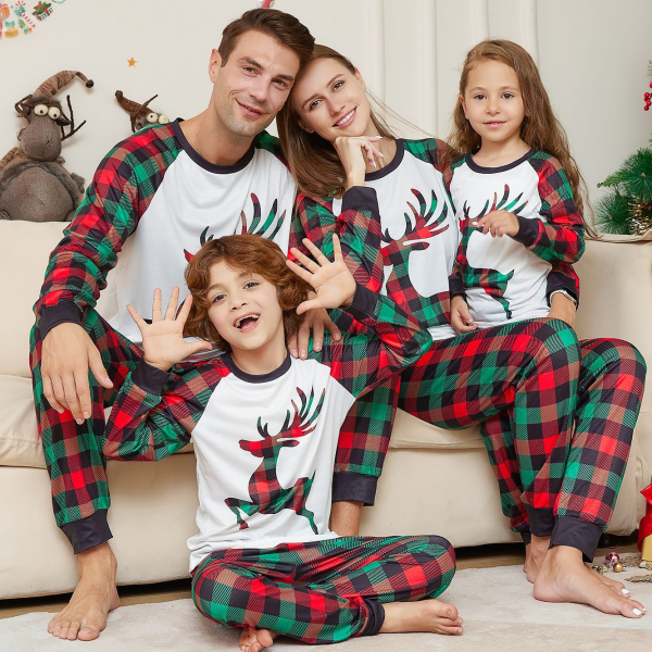 Image of Cartoon Elk Plaid Print Pajamas For Family Members