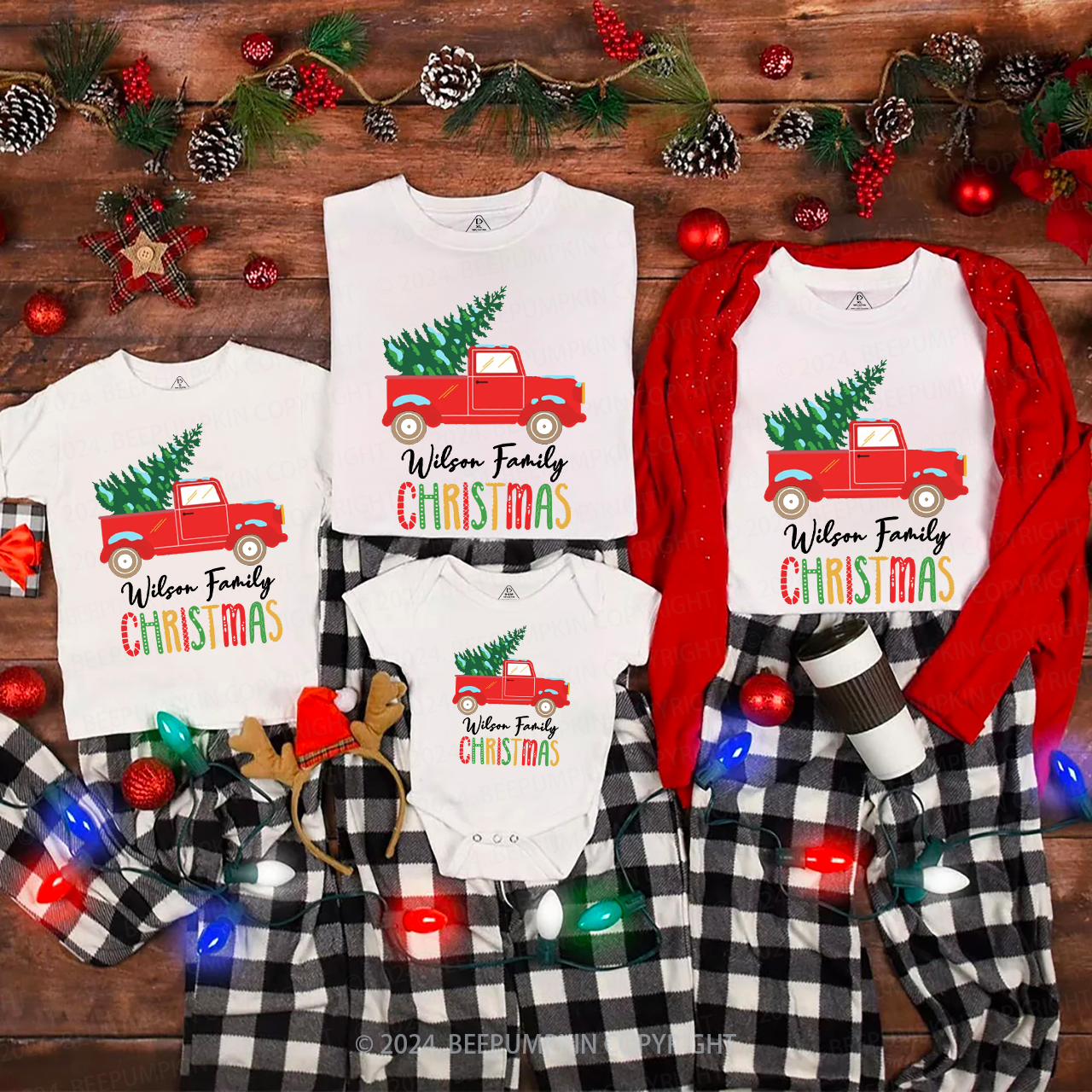Personalized  Red Truck And Christmas Tree Matching T-Shirts Beepumpkin
