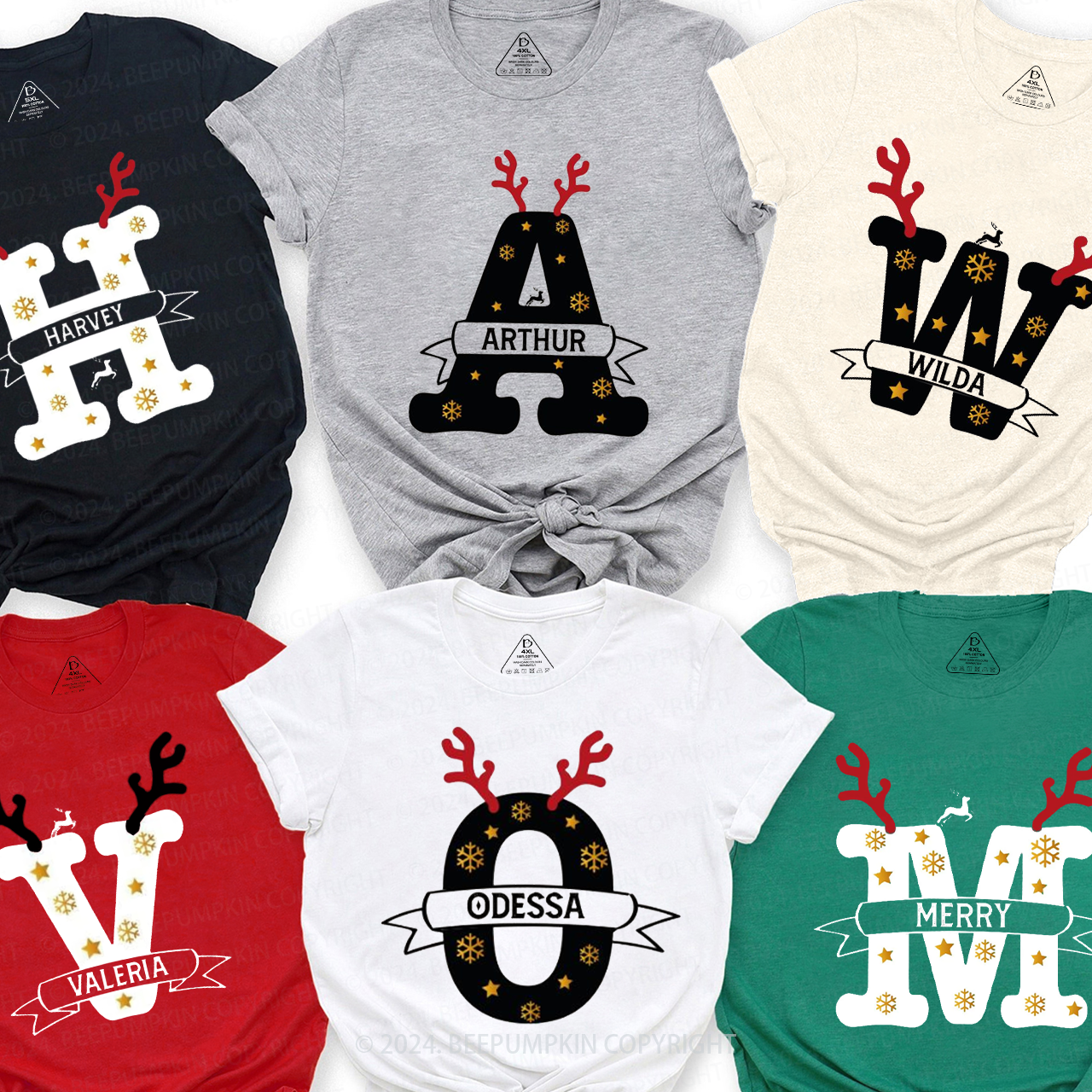Personalized Antlers And Golden Snowflakes Christmas Matching T-Shirts Beepumpkin