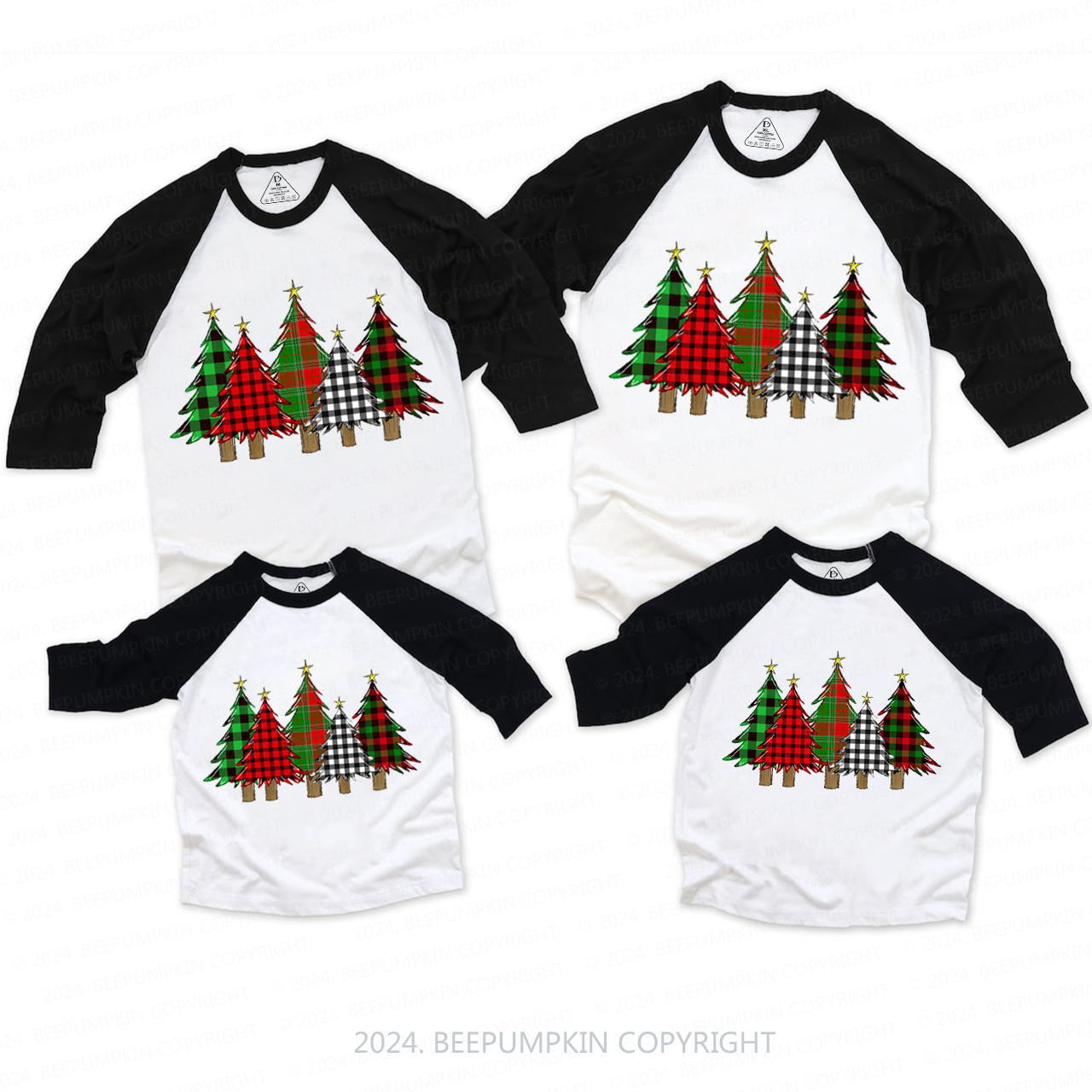 Plaid Christmas Trees Family Matching Raglan Sleeves T-Shirts Beepumpkin 
