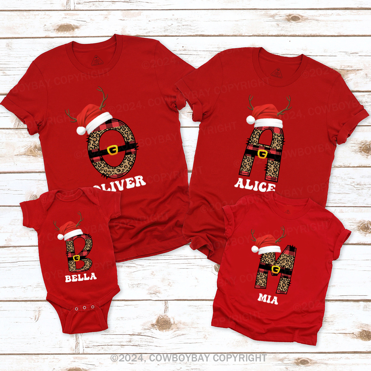 Personalized Monogrammed Plaid Letter With Santa Hat Christmas Family Matching T-Shirts Beepumpkin