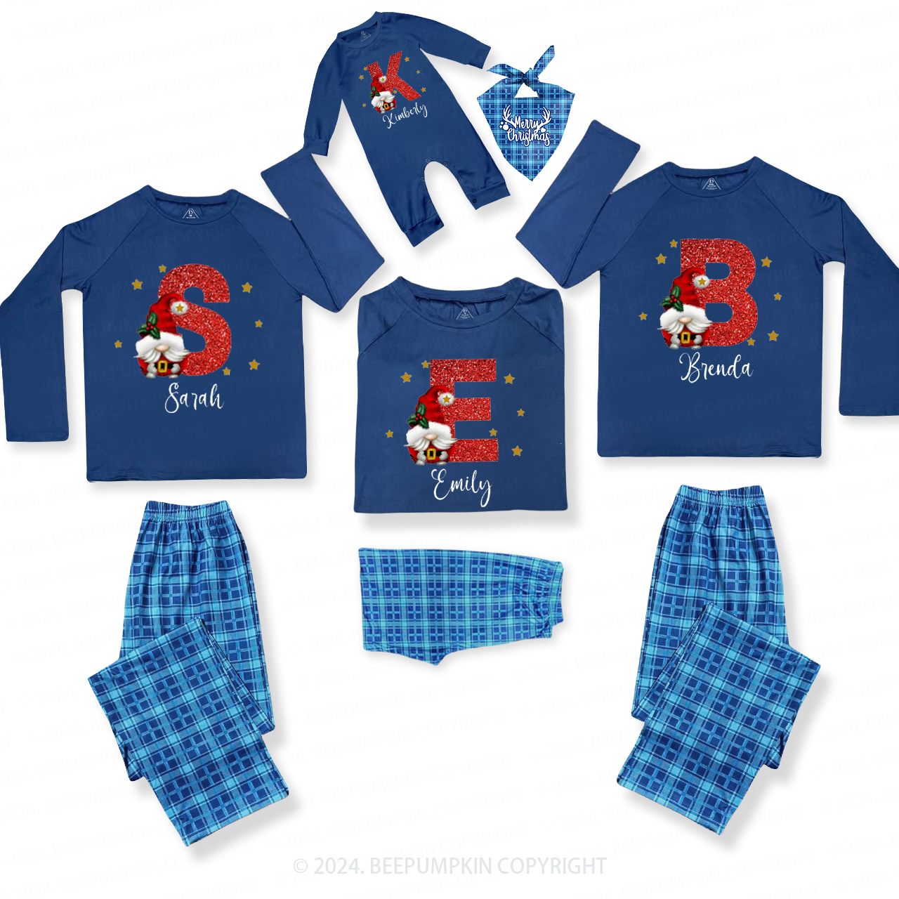 Personalized Christmas Red Name Family Matching Blue Pajamas Beepumpkin