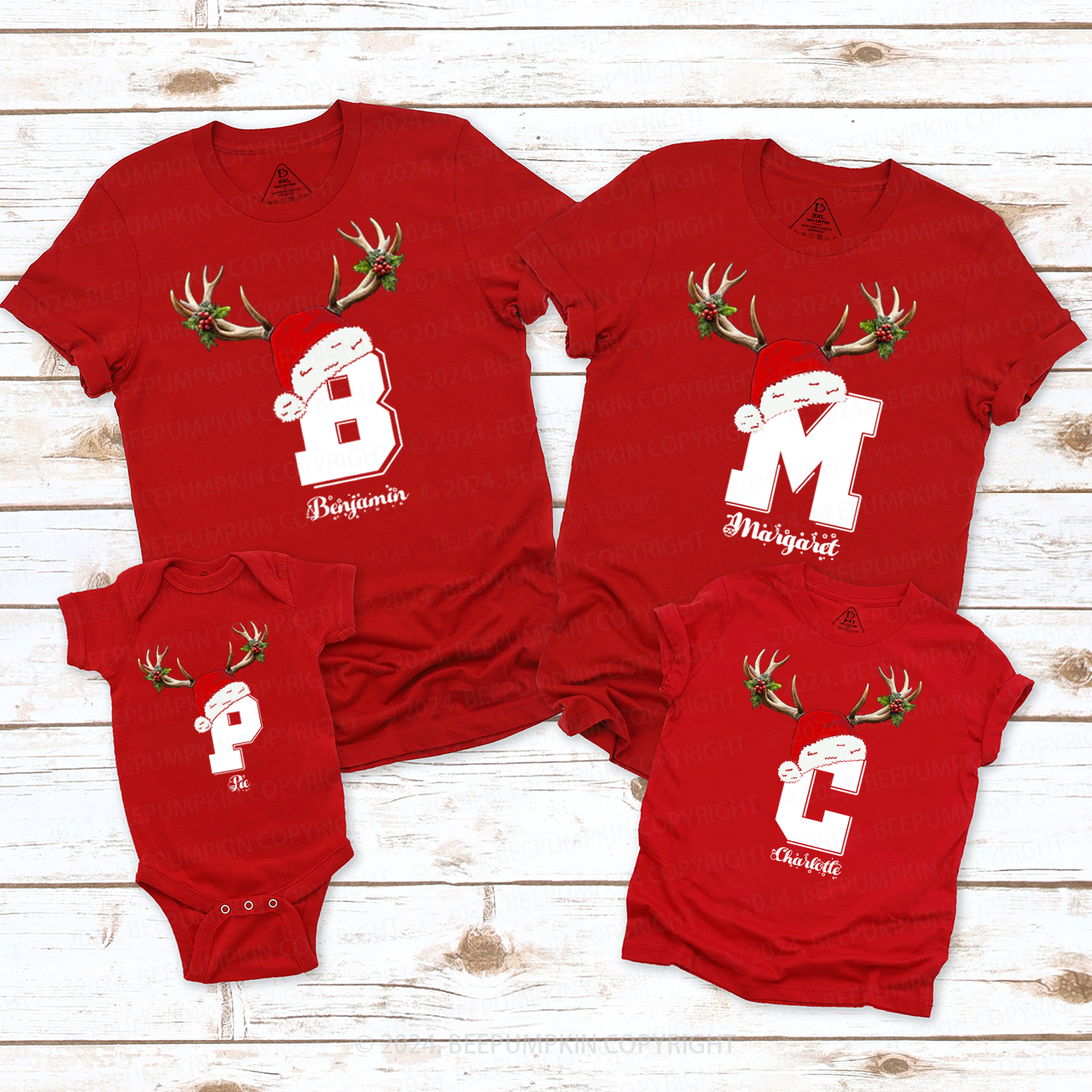 Personalized Deer Antler Name Monogram Christmas Family Matching T-Shirts Beepumpkin