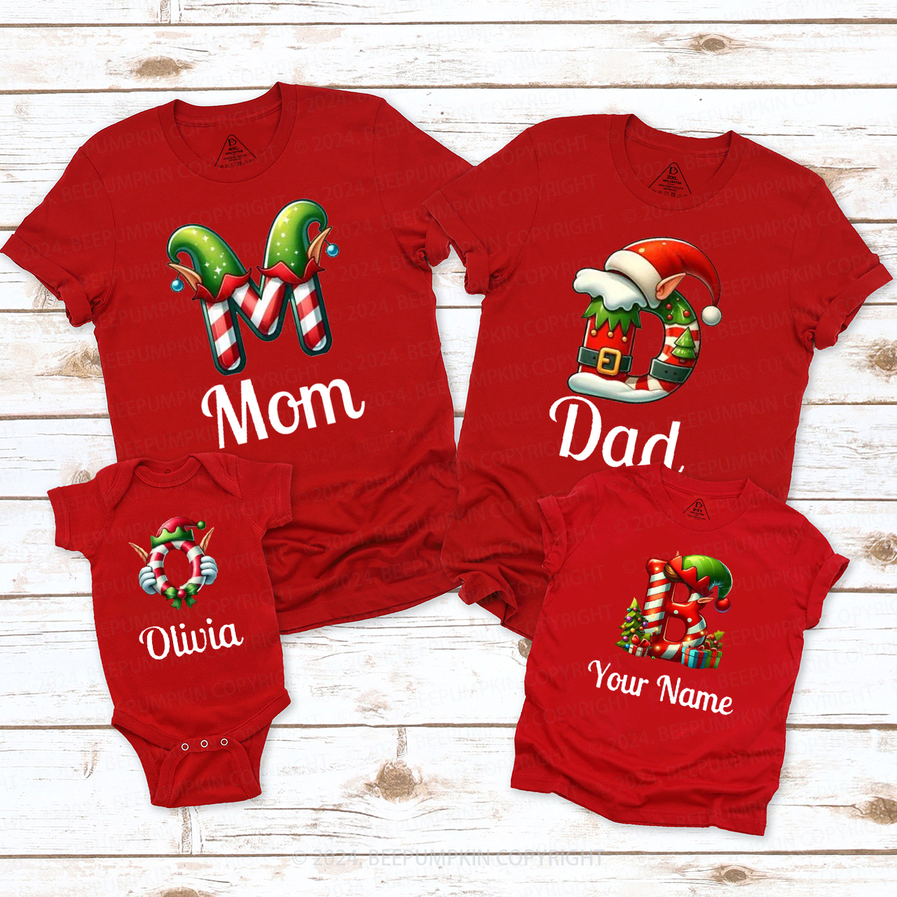 Personalized Elf Monogrammed Family Matching T-Shirts Beepumpkin