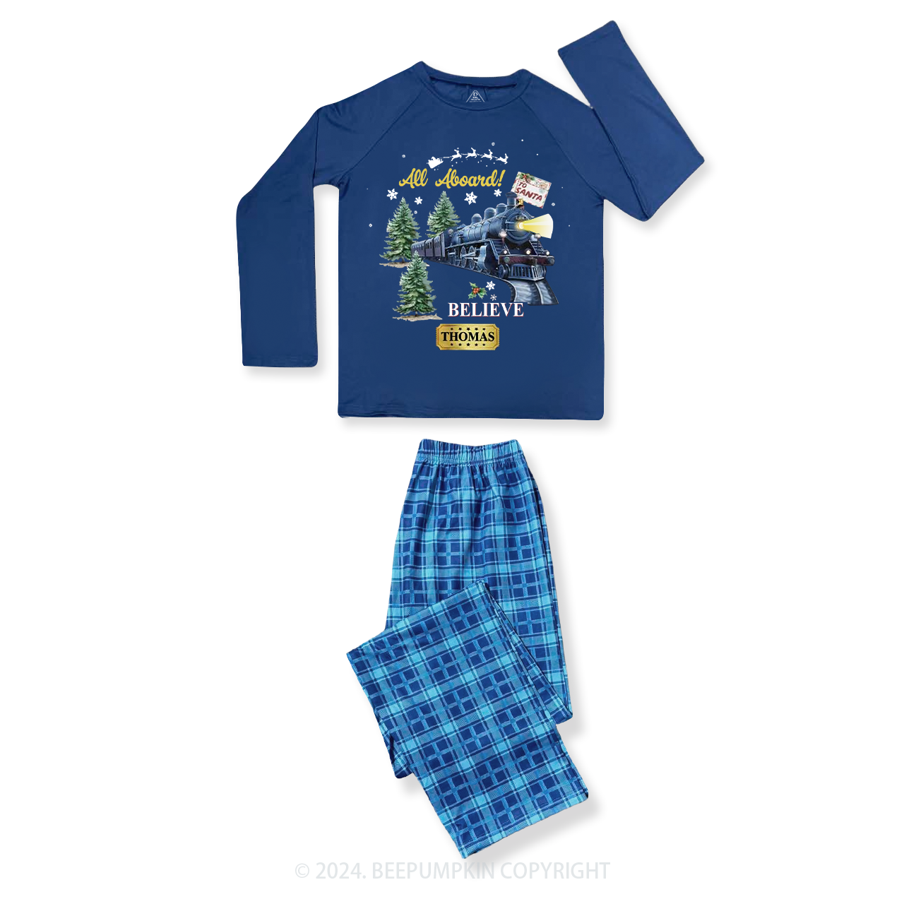 Personalized Train And Tree Family Matching Blue Pajamas Beepumpkin