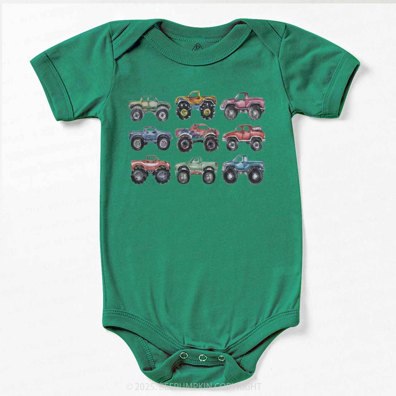 Retro Monster Trucks In A Row Bodysuit Beepumpkin