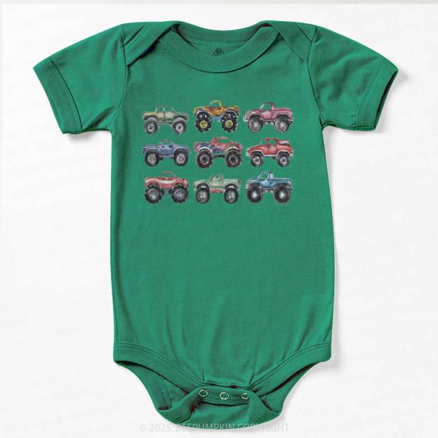 Retro Monster Trucks In A Row Bodysuit Beepumpkin