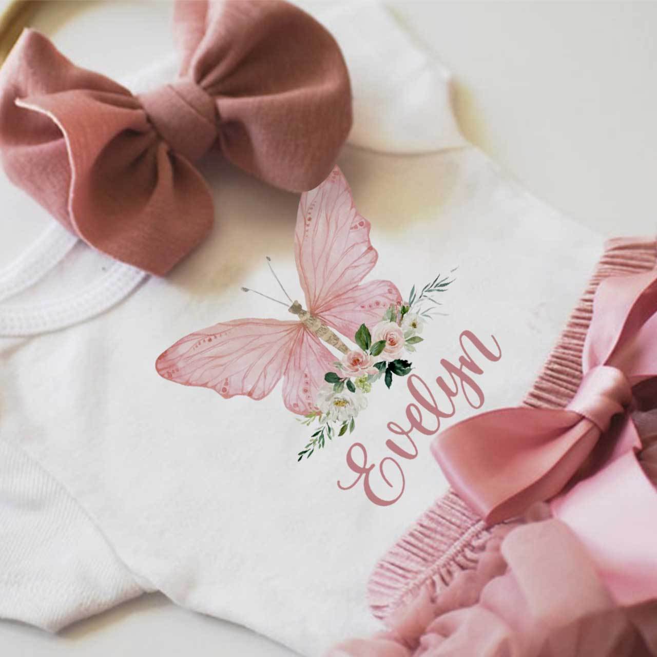 Personalized Name Butterfly Floral Tutu Baby Girl Oufit Set