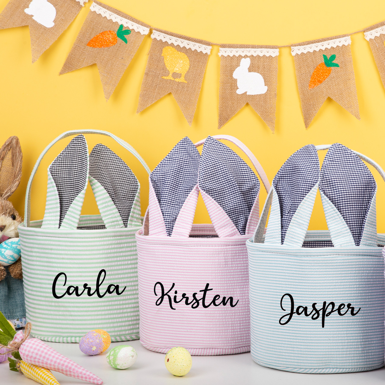 Personalized Name Seersucker Vintage Rabbit Ears Basket