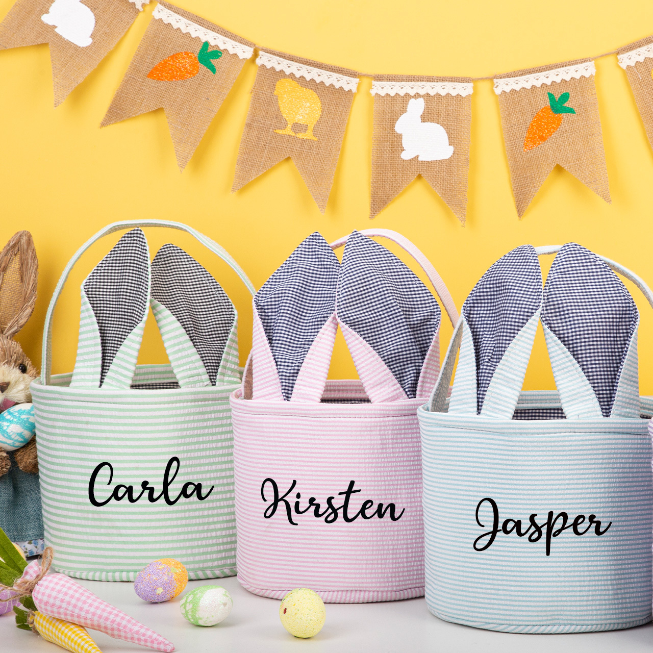 Personalized Name Seersucker Vintage Rabbit Ears Basket