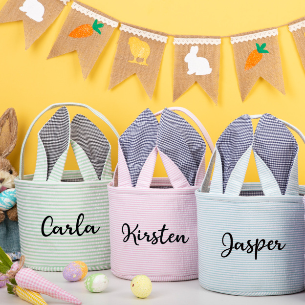 Personalized Name Seersucker Vintage Rabbit Ears Basket