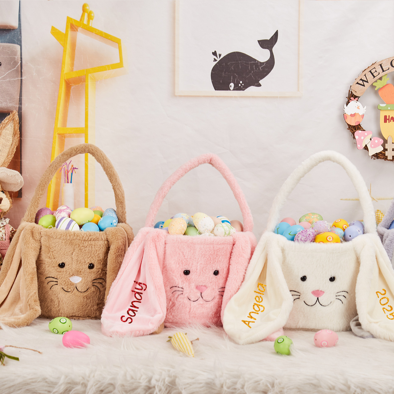 Personalized Name Bucket-Shaped Plush Rabbit Basket