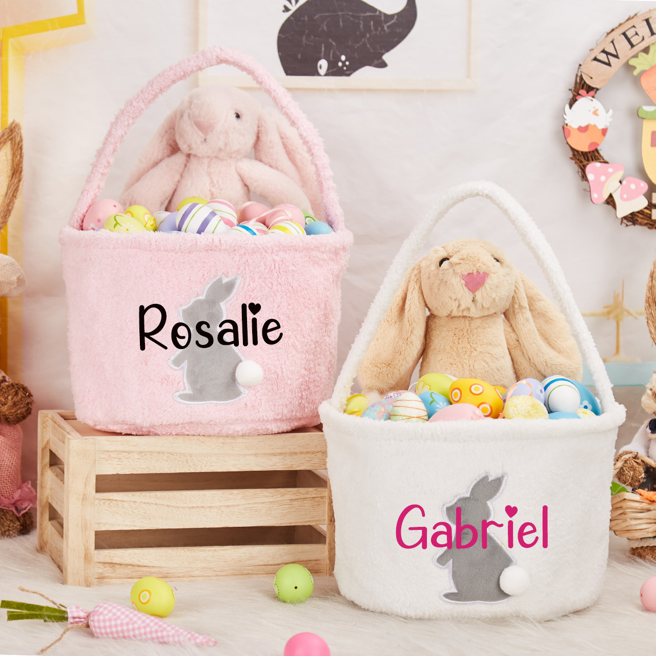 Personalized Name Easter Bucket Plush Bunny Basket