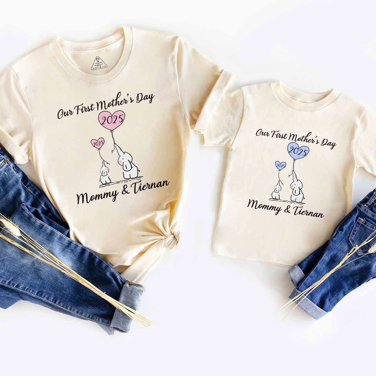 Pink Blue Ballon & Elephants Mom&Me Matching Tees