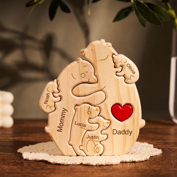 Personalized Name Wooden Bear Hug Family Jigsaw Puzzle
